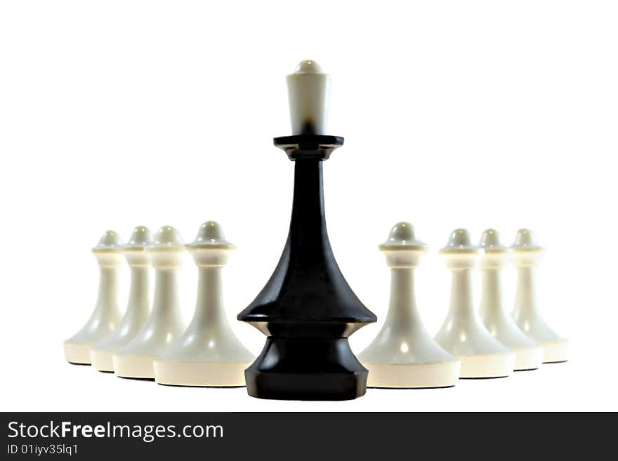 One black  queen and many white pawns on the white background. One black  queen and many white pawns on the white background