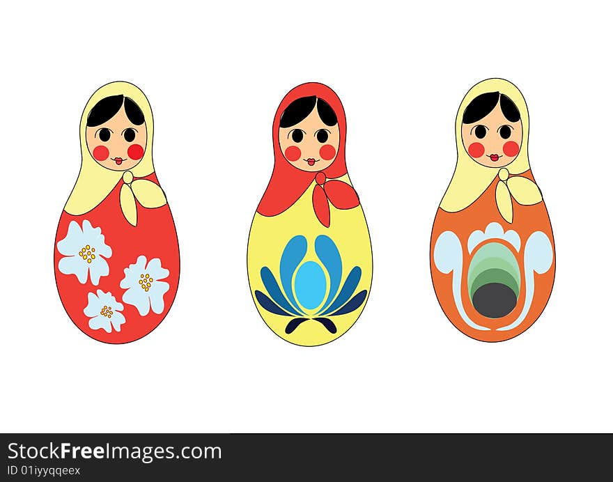 Three russian colourful dolls (matreshka) with different ornaments. Three russian colourful dolls (matreshka) with different ornaments