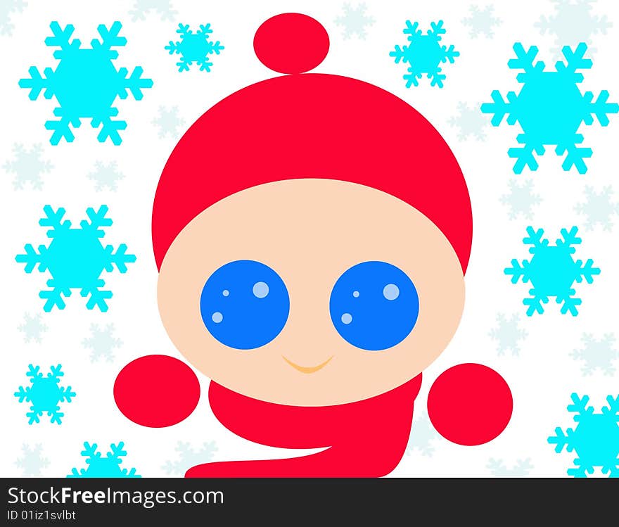 A cute little baby with a red hat, scarf and gloves happy under the snowflakes. Digital drawing. Coloured picture. A cute little baby with a red hat, scarf and gloves happy under the snowflakes. Digital drawing. Coloured picture.