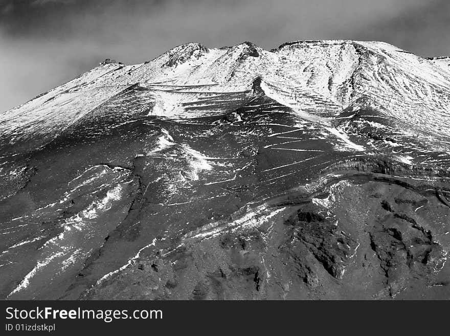 Black and White closeup of the summit of Mount Fuji