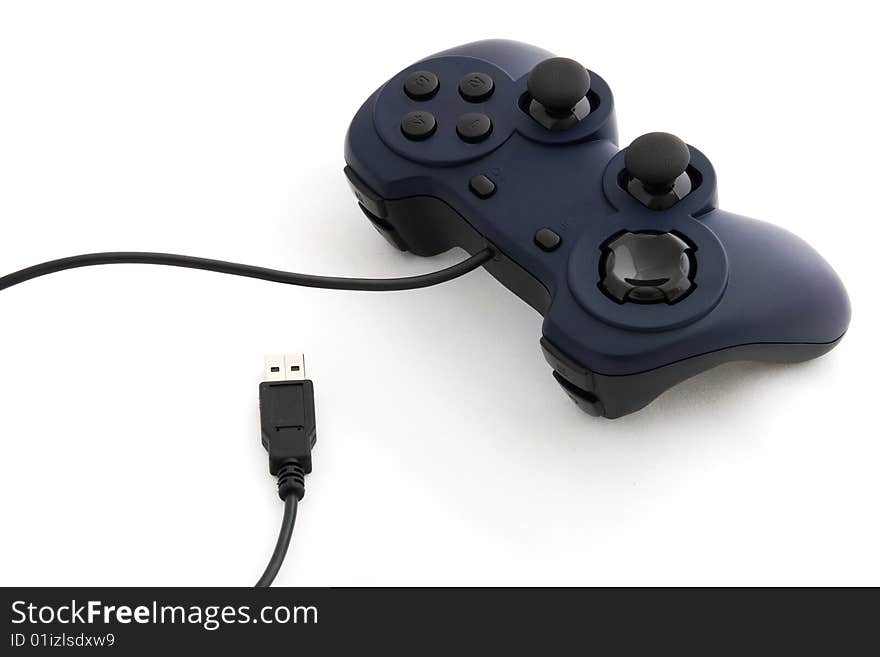 A blue gamepad and USB Cable with white background