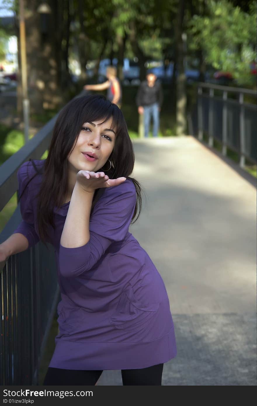 Girl portrait in the park, bridge. Girl portrait in the park, bridge.