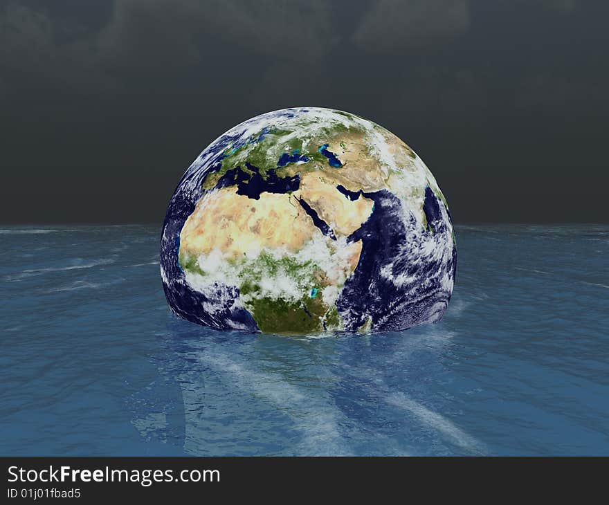 3d render of Earth sinking into the sea. 3d render of Earth sinking into the sea