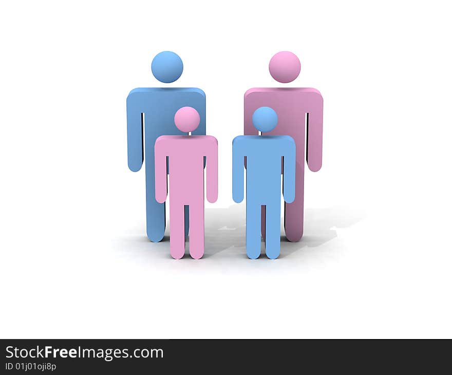 Symbolic 3d render of pink and blue figures representing a family