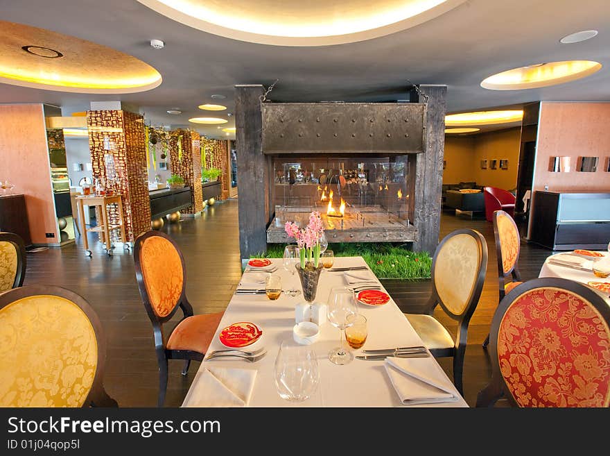 Large fireplace in 5 star restaurant