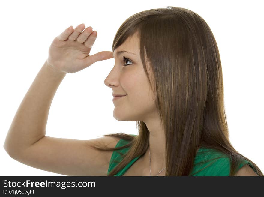 Teenager with gestures search, Hand indicates the look to the distance