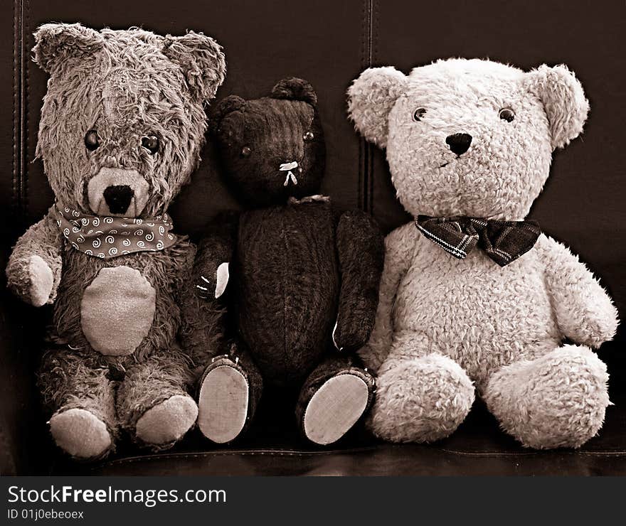 Three old bears friends sitting in a armchair in sepia color