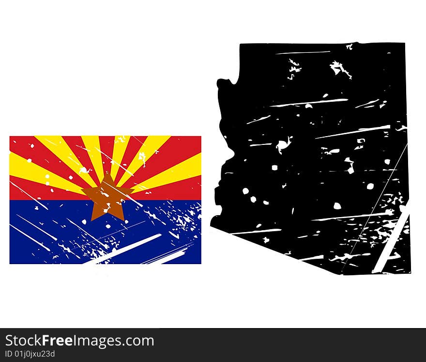 Vector illustration of distressed arizona map and state flag. the style is grunge and aged. Vector illustration of distressed arizona map and state flag. the style is grunge and aged.