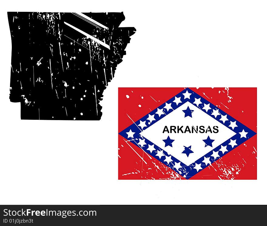 Vector illustration of distressed arkansas map and state flag. the style is grunge and aged. Vector illustration of distressed arkansas map and state flag. the style is grunge and aged.