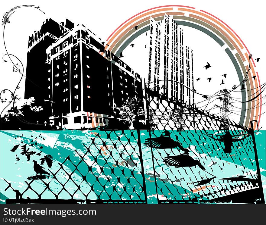 Illustration of buildings with swirls birds and rainbow. Illustration of buildings with swirls birds and rainbow.