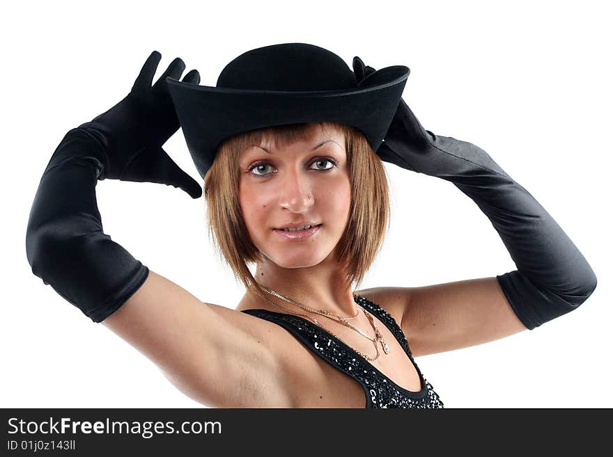 Lovely yong woman in hat and gloves isolated on white background