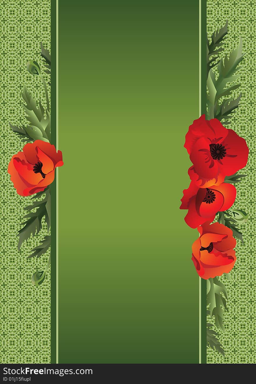 A sheet of paper with ribbons and poppies on a background of green. Vector illustration. A sheet of paper with ribbons and poppies on a background of green. Vector illustration.