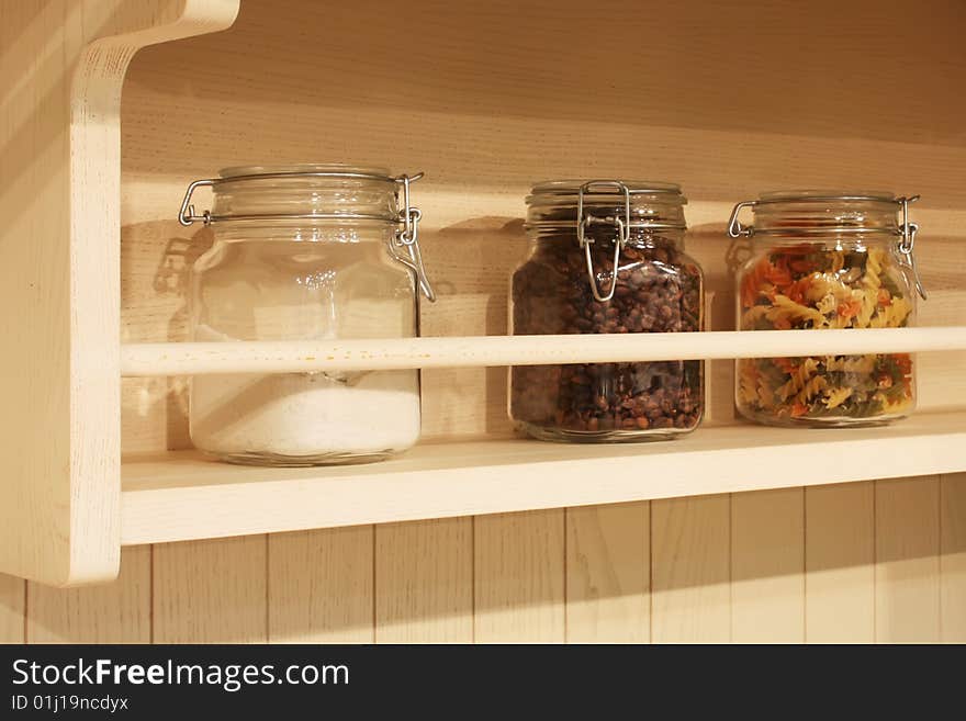 Three jars with food ingredients. Three jars with food ingredients