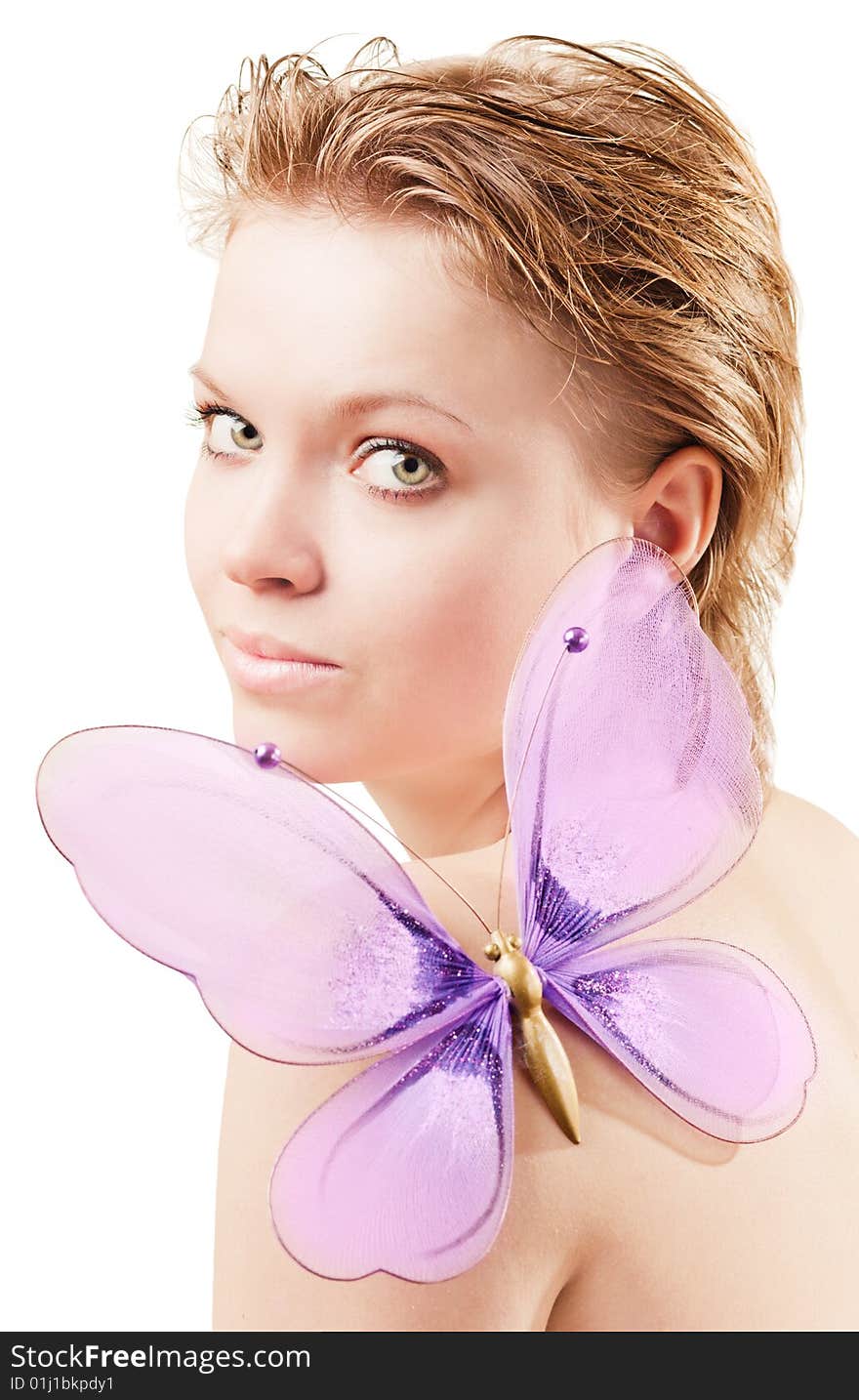 Pretty young girl with butterfly on shoulder. Pretty young girl with butterfly on shoulder