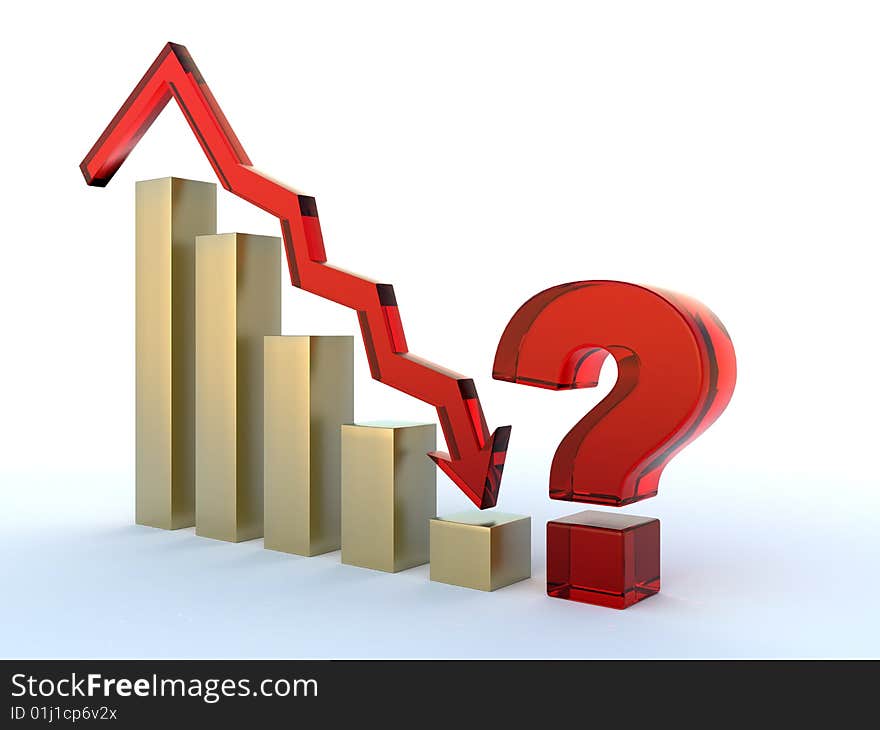 3d red Diagram with arrow downward with question on white background