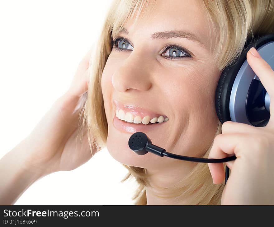 Business customer operator smiling woman. Business customer operator smiling woman