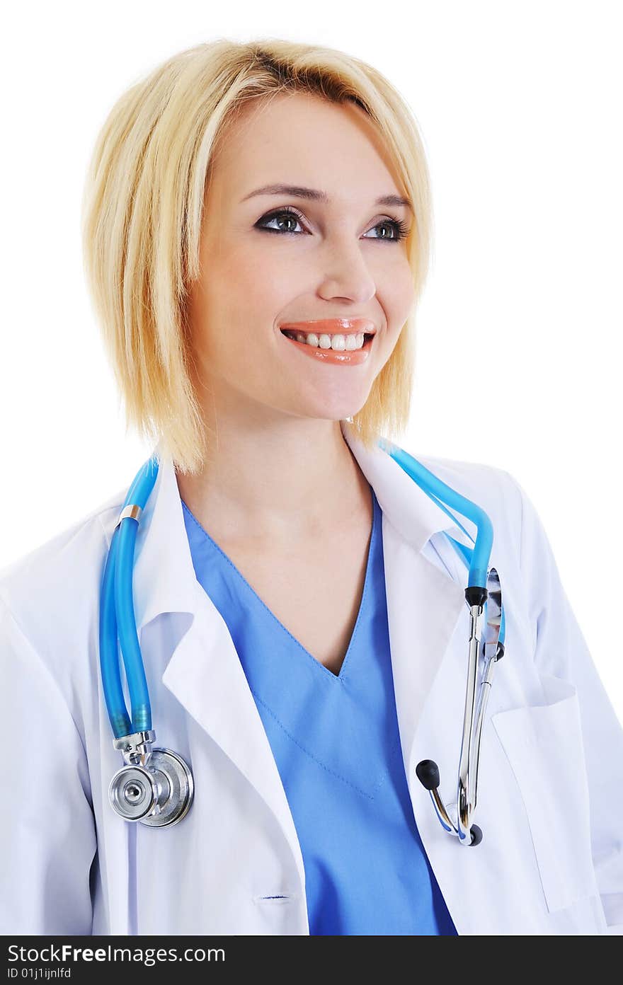 Portrait of young smiling female doctor with stethoscope looking away