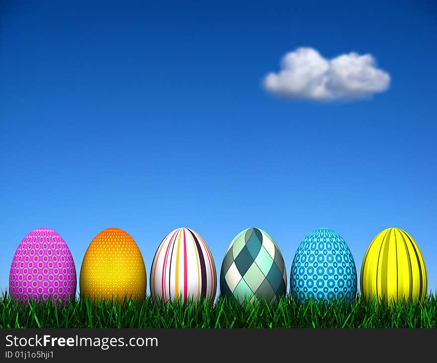 6 Easter Eggs in the grass with an out of focus beautiful blue sky background with a single cloud. See more variations in my Gallery. 6 Easter Eggs in the grass with an out of focus beautiful blue sky background with a single cloud. See more variations in my Gallery