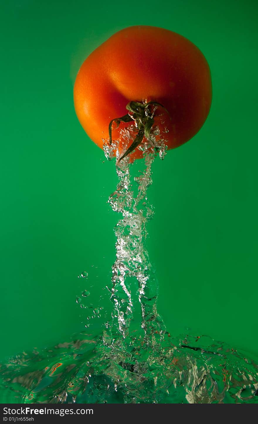 Tomato in water on a green background