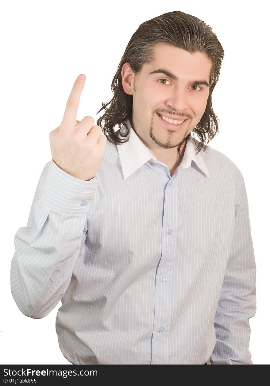 Young smiling dark haired caucasian man in light blue striped shirt counting on fingers one isolated on white. Young smiling dark haired caucasian man in light blue striped shirt counting on fingers one isolated on white