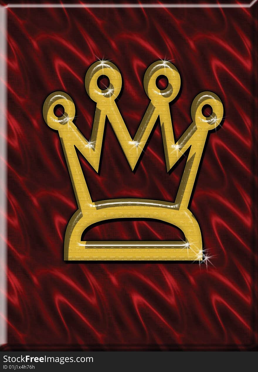 A shining golden crown against the red silk background.