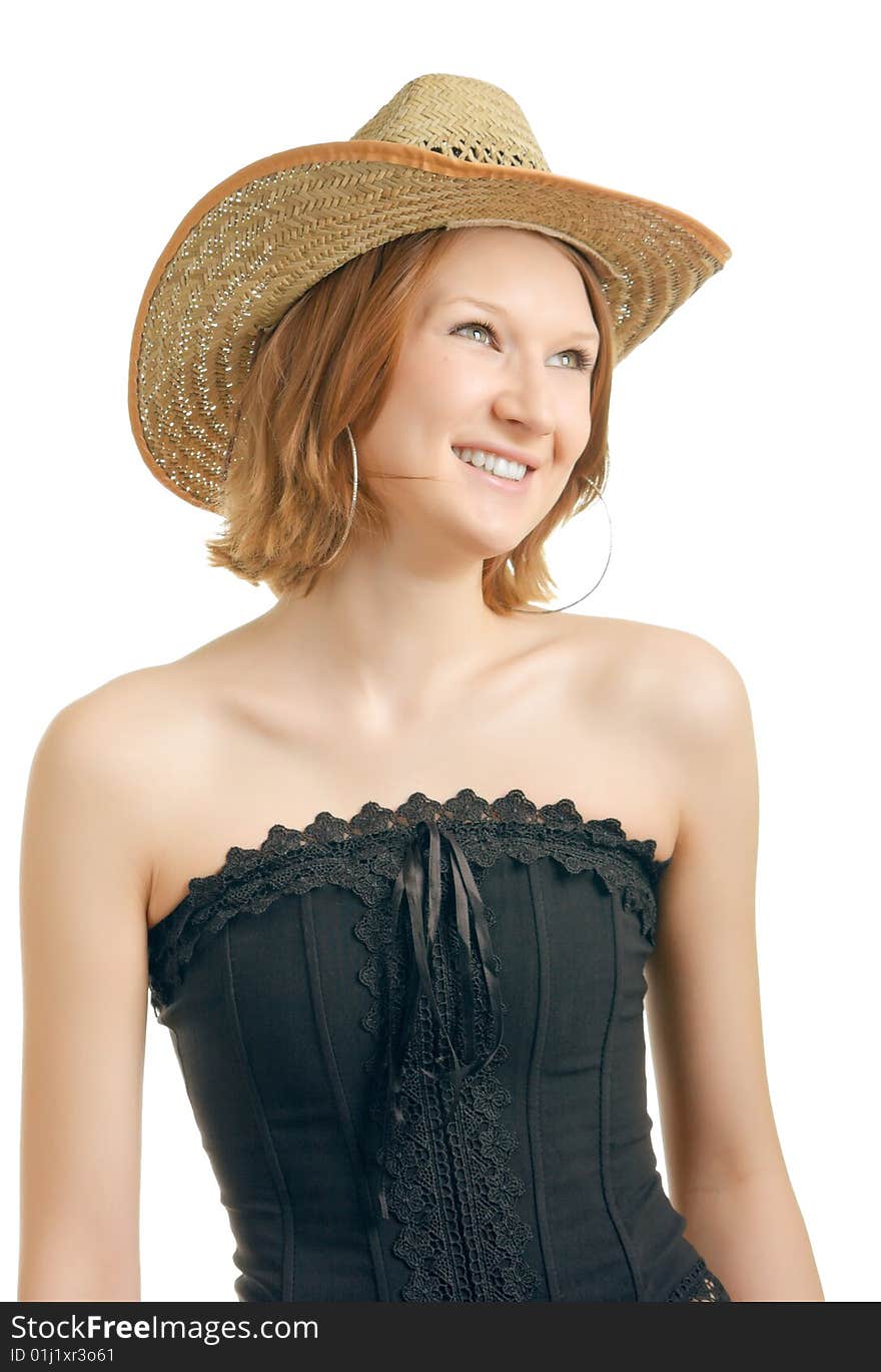 Girl in a straw hat on white background. Girl in a straw hat on white background