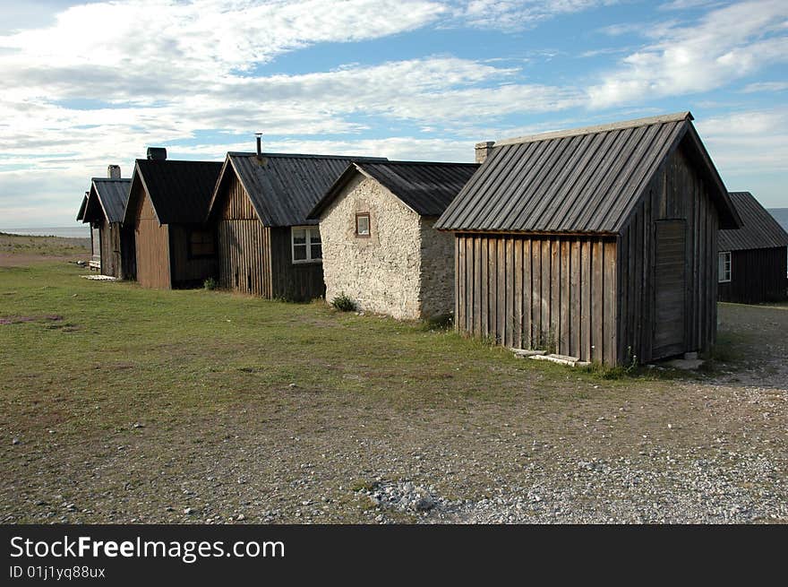 A diagonal of fishing huts in Gotland, Sweden