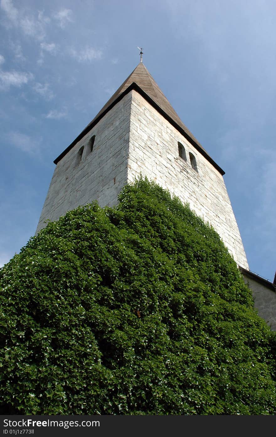 Medieval church on the island of Gotland, Sweden, green vegetation is growing up the church wall. Medieval church on the island of Gotland, Sweden, green vegetation is growing up the church wall.