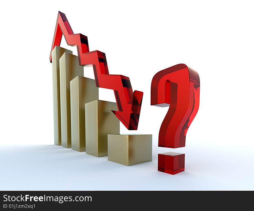 3d red Diagram with arrow downward with question on white background