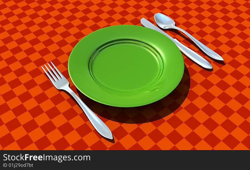 Knife, fork, spoon and plate with table coth - 3d render