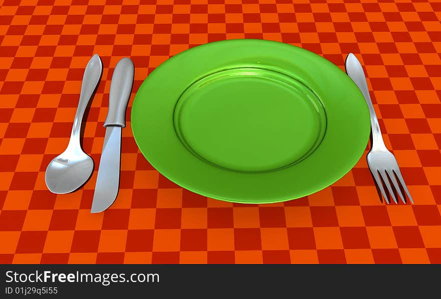 Knife, fork, spoon and plate with table coth - 3d render