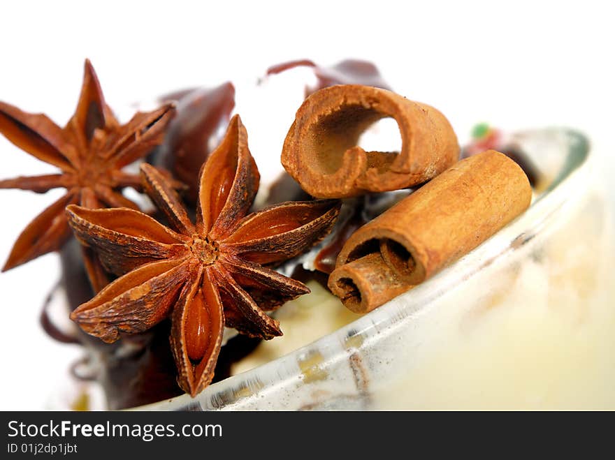 Anise Star and Cinnamon Stick Ice Cream Desert. Anise Star and Cinnamon Stick Ice Cream Desert