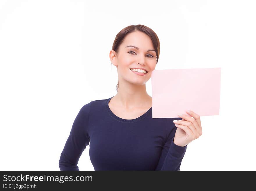 Happy young woman showing sign, card. Happy young woman showing sign, card