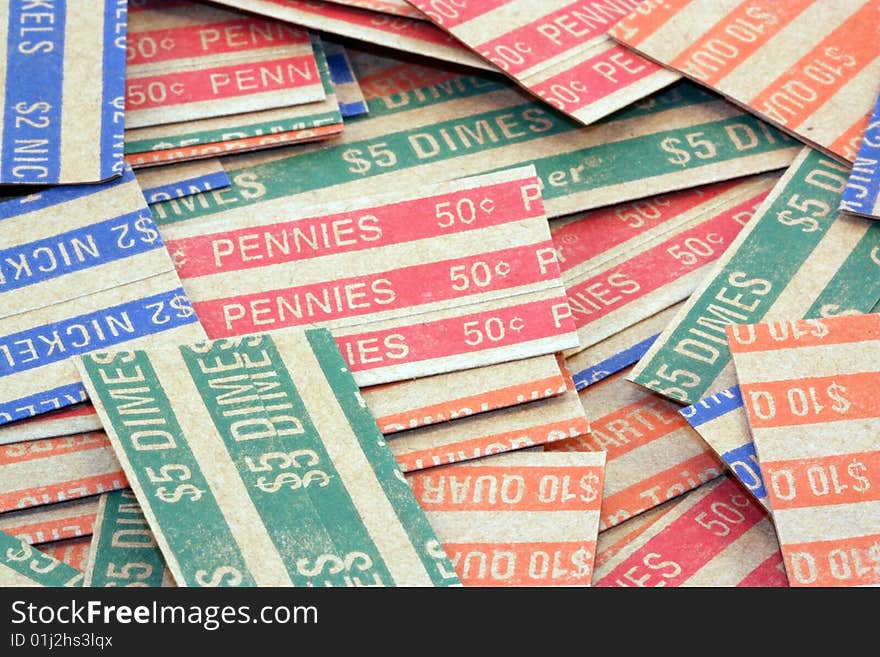 A collage of coin wrappers. A collage of coin wrappers.