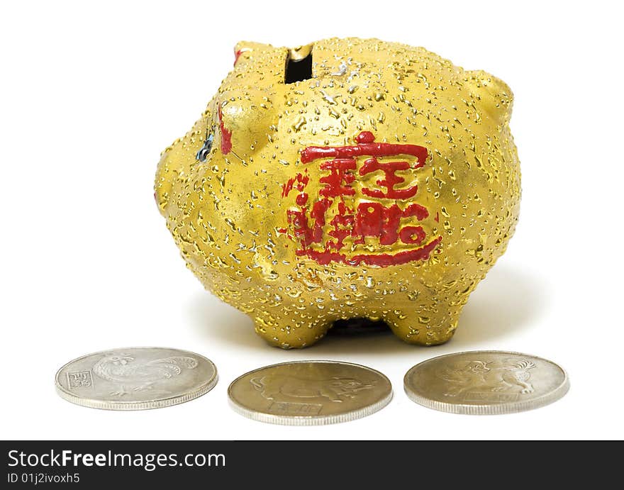 Funny yellow piggy bank at save money