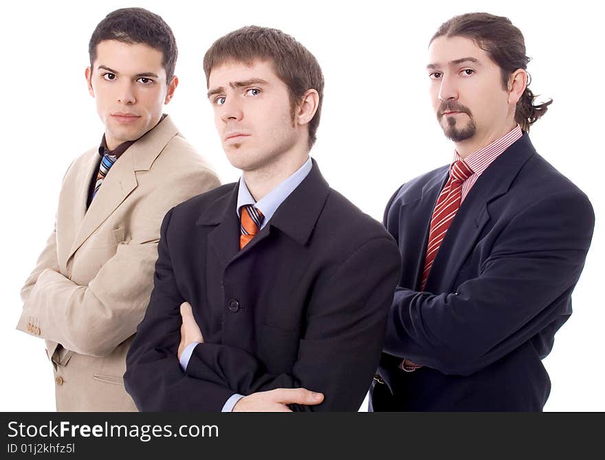 Three business serious men white isolate. Three business serious men white isolate