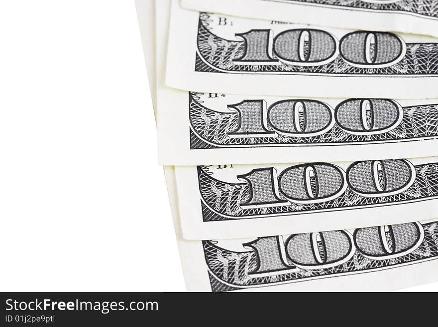 One Hundred Dollar Bills isolated over white. Close-up shot. One Hundred Dollar Bills isolated over white. Close-up shot