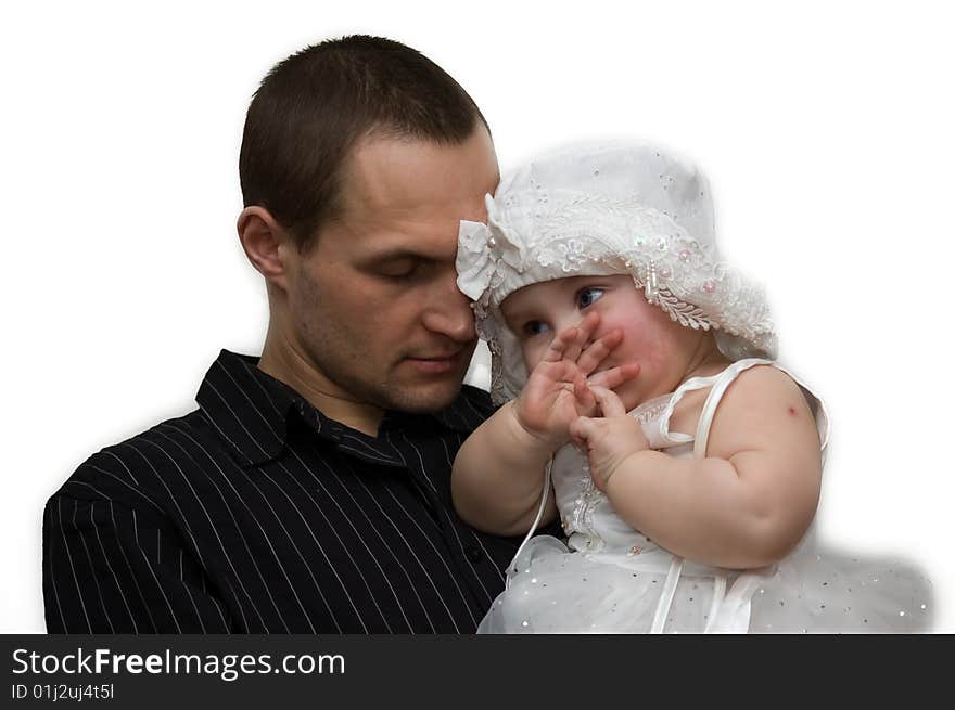 Young father holding his adorable babygirl in nice white dress and hat. Young father holding his adorable babygirl in nice white dress and hat