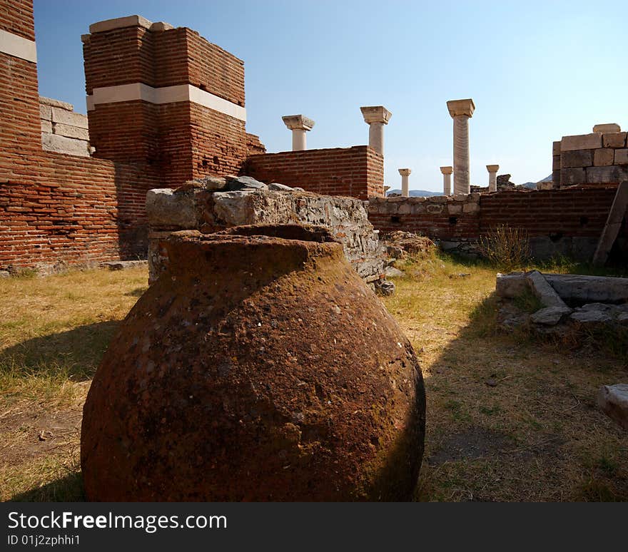 An ancient amphora rests in the Church of St John, Selcuk, Turkey. An ancient amphora rests in the Church of St John, Selcuk, Turkey