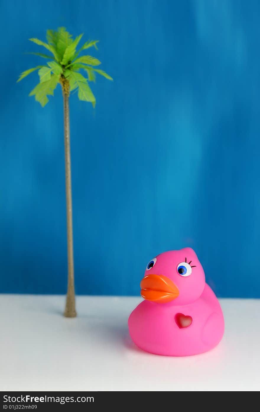 Pink rubber duck with palm tree and blue background