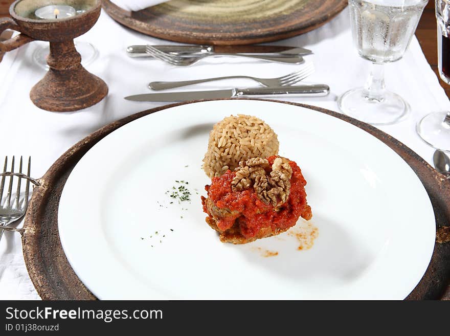 Delicious gourmet plate of beef and rice