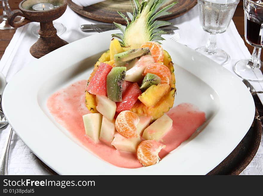 Delicious Fresh fruitsalad on a square white plate