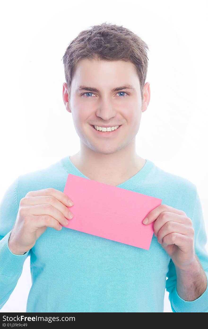 Male holding sign or board