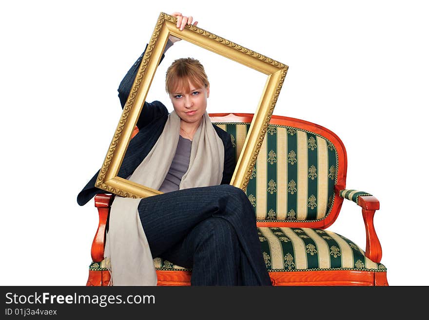 Portrait of female on a white background in studio. Portrait of female on a white background in studio