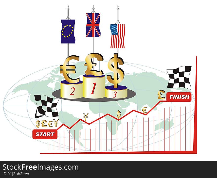 Currencys racing against each other in economic crisis times. Green world map background. Currencys racing against each other in economic crisis times. Green world map background.