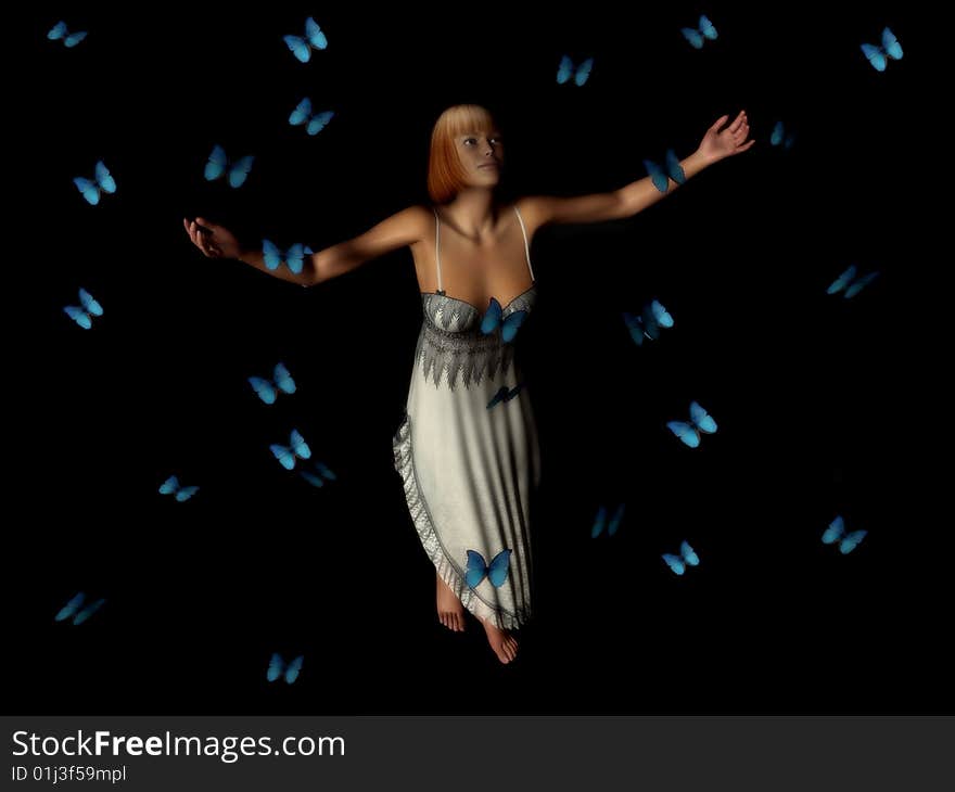 A woman standing in the middle of a butterfly swarm. (The woman is a computer generated 3d model so no model release is needed.). A woman standing in the middle of a butterfly swarm. (The woman is a computer generated 3d model so no model release is needed.)