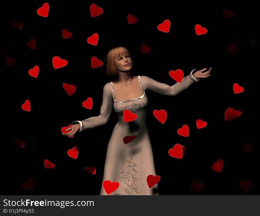 Woman Surrounded By Falling Hearts