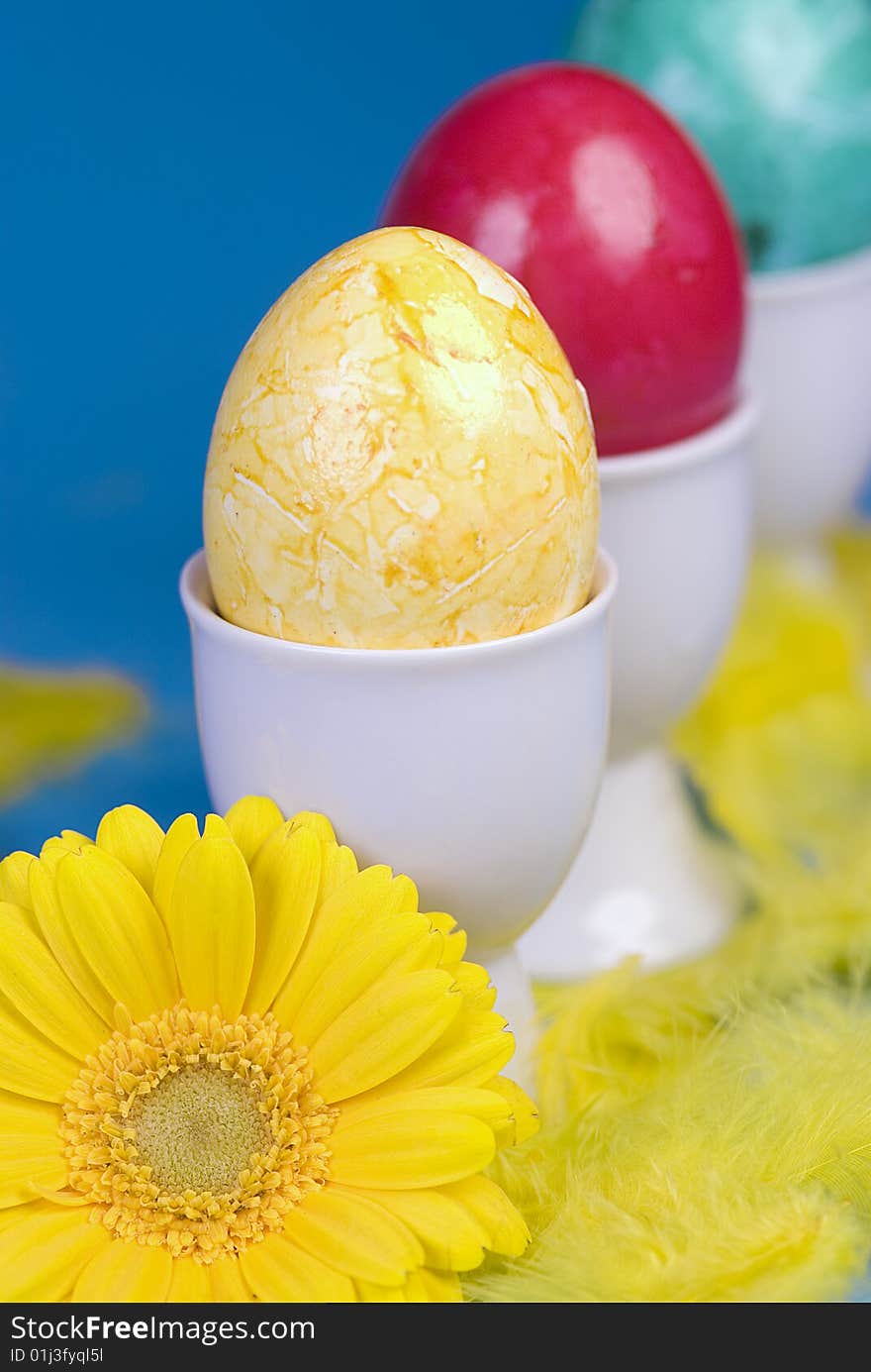 Colourfull Easter Eggs with Decoration and Flowers