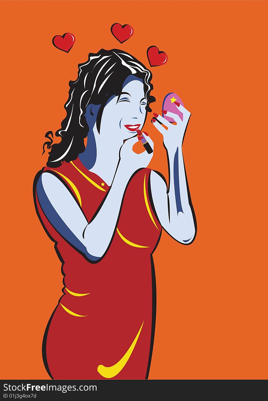 Vector illustration of a girl applying a lipstick with three harts around her head. Pop-art style. Vector illustration of a girl applying a lipstick with three harts around her head. Pop-art style.