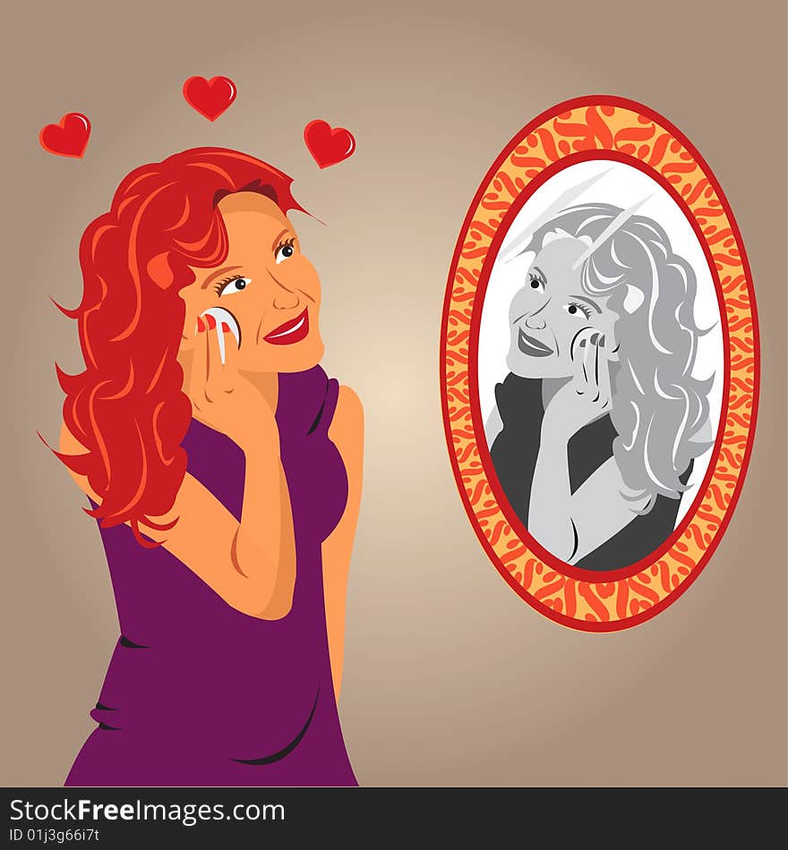 Vector illustration of a girl in front of mirror applying makeup, with three harts above her head. Vector illustration of a girl in front of mirror applying makeup, with three harts above her head